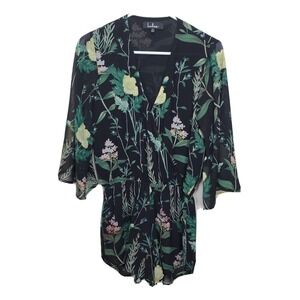 NWT Lulus Black Floral Print Romper Small Surplice Vneck Bell Sleeve